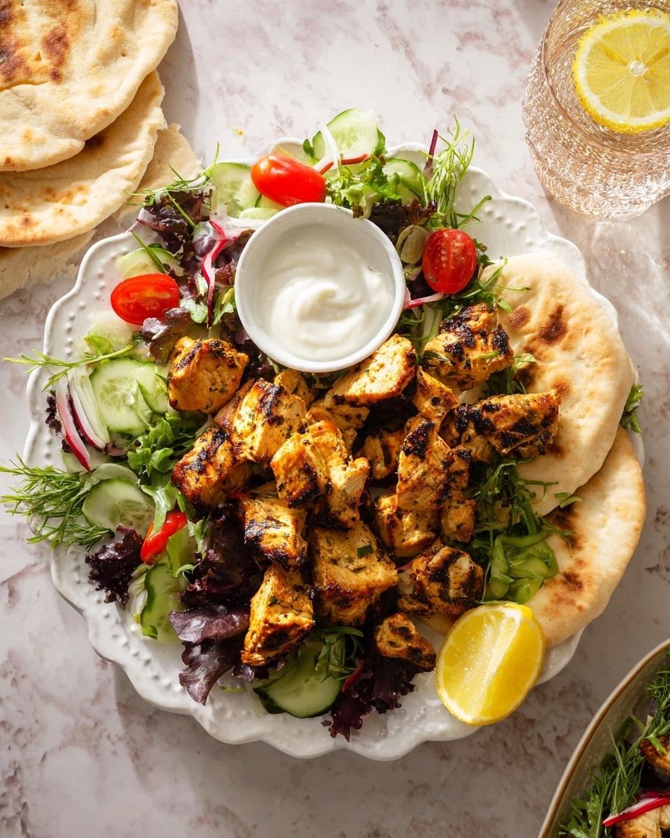 The image shows a white scalloped plate with layers starting from the bottom with two flat pieces of pita bread, topped by grilled chicken chunks that have char marks and a golden-brown color. Around the chicken, there is a fresh mixed salad with dark purple and green leafy lettuce, cherry tomato halves in red, cucumber slices in green, and some arugula. In the center of the chicken pieces, there is a small white bowl filled with a creamy white sauce. A lemon wedge sits near the salad on the plate's lower right edge. The plate is on a white marbled surface, and on the top right, there is a clear glass with a lemon slice inside a sparkly liquid. Nearby, part of another pita bread is slightly visible. photo taken with an iphone --ar 4:5 --v 7