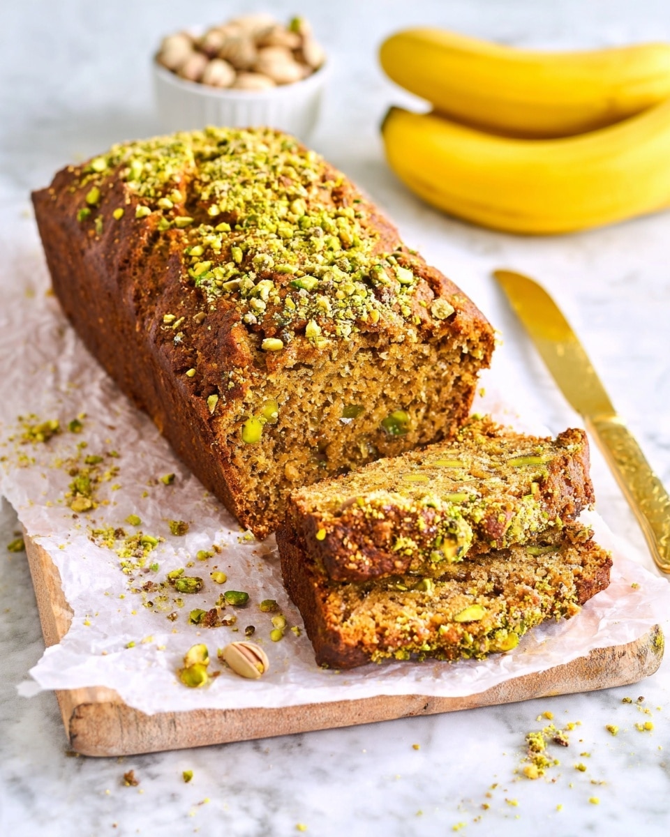 A loaf of banana bread with a rough, golden-brown crust sprinkled with crushed green pistachios on top sits on a piece of parchment paper over a wooden board. The bread is sliced, revealing a moist, dense inside with visible small green pistachio pieces mixed throughout. Around the board, scattered pistachios and crushed bits add texture and color. In the background, there is a small white bowl filled with pistachios and a bunch of ripe yellow bananas sitting on a white marbled surface. A golden butter knife lies beside the bread, completing the scene. photo taken with an iphone --ar 4:5 --v 7