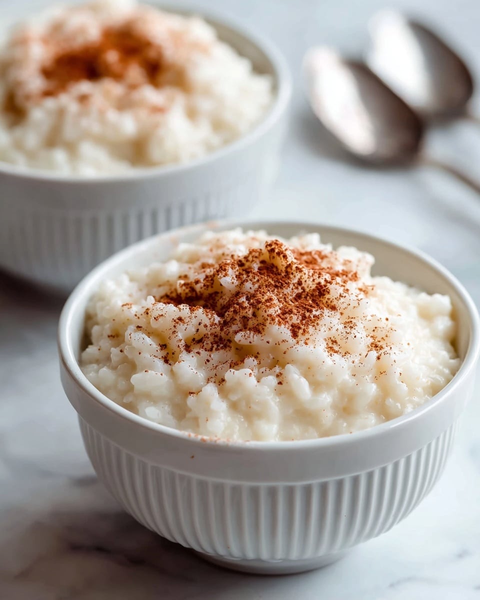 The image shows a black slow cooker filled with creamy rice pudding. The white rice pudding has a smooth, thick texture and is topped with a scattering of brown cinnamon powder mostly in the center, spreading slightly outwards. The slow cooker is placed on a surface with a white marbled texture. photo taken with an iphone --ar 4:5 --v 7