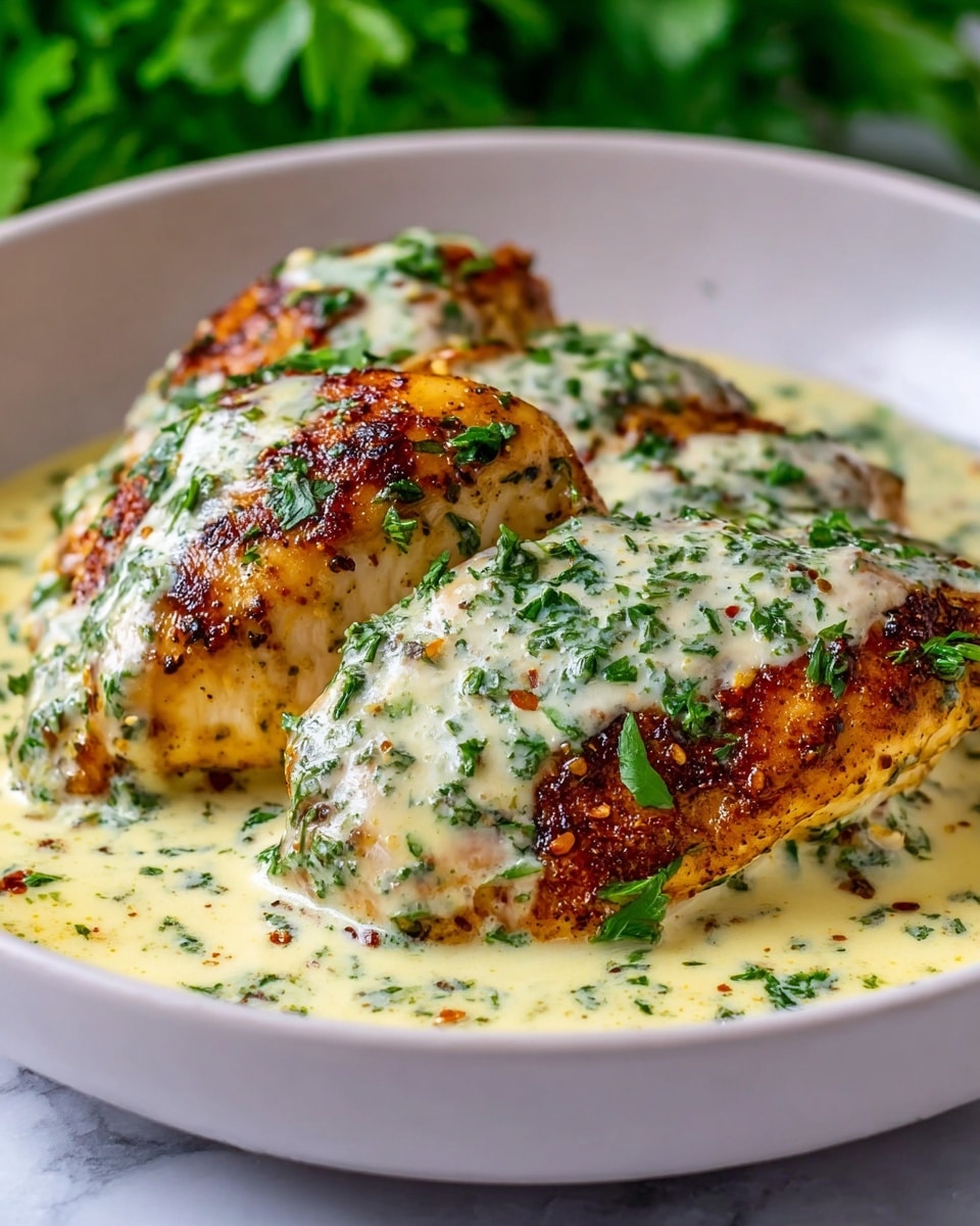 A close-up view of four pieces of cooked chicken breasts arranged side by side in a white baking dish, each piece is golden-brown on top with a slightly crispy texture and covered in a creamy white sauce that has specks of black pepper and herbs. The chicken is garnished with small green parsley pieces scattered evenly over the sauce, which pools gently in the bottom of the dish. The dish is set on a white marbled texture surface. photo taken with an iphone --ar 4:5 --v 7