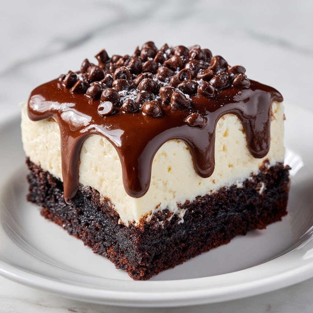 A square dessert with two layers: the bottom layer is thick, dark brown, and moist chocolate cake with a slightly crumbly texture, while the top layer is a creamy, light tan frosting that looks smooth and fluffy. On top of the frosting, there is dark chocolate sauce drizzled unevenly, and small dark chocolate chips along with finely shaved chocolate pieces sprinkled all over. The dessert sits on white parchment paper over a wooden surface, with a blurred glass of dark coffee and another similar dessert piece in the background, all set on a white marbled texture. photo taken with an iphone --ar 4:5 --v 7