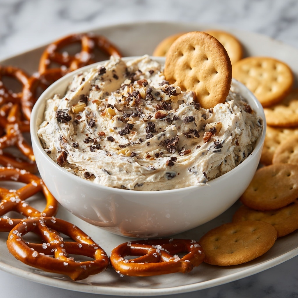The image shows a round white bowl filled with a creamy, light beige dip that has visible mix-ins of small dark chocolate chips and crushed nuts, giving it a textured look. A single light brown graham cracker is dipped halfway into the creamy mixture, standing upright in the bowl. The bowl sits on a white plate with a white marbled texture underneath, surrounded by a ring of shiny, dark golden brown pretzels with visible salt crystals and golden brown round crackers in the background. The overall composition focuses closely on the creamy dip and its crunchy accompaniments, with soft lighting highlighting the smooth texture and glossy parts of the pretzels. Photo taken with an iphone --ar 4:5 --v 7