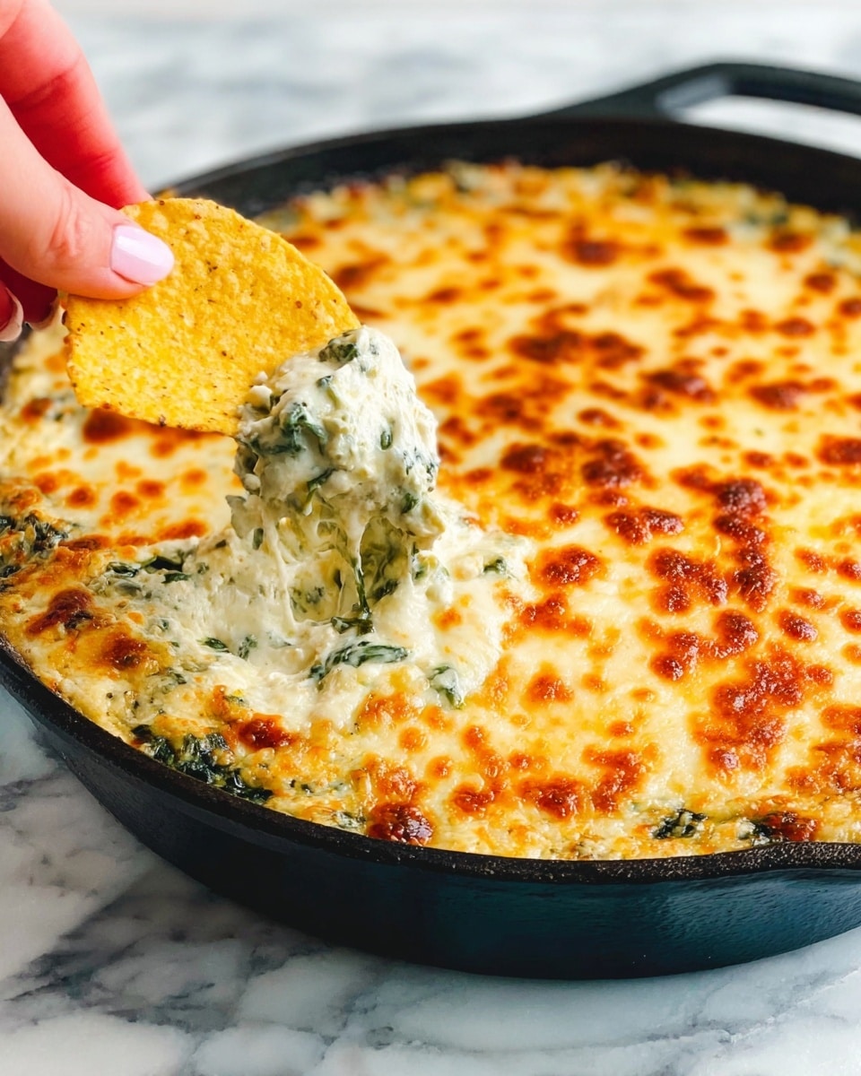 A black skillet filled with a three-layer dip in white creamy cheese sauce mixed with green spinach and herbs as the first layer at the bottom, a second layer of thick melted cheese that is light golden with some darker browned spots on top, and a woman's hand dipping a yellow tortilla chip into the cheese near the edge of the skillet. The skillet is placed on a white marbled surface. photo taken with an iphone --ar 4:5 --v 7