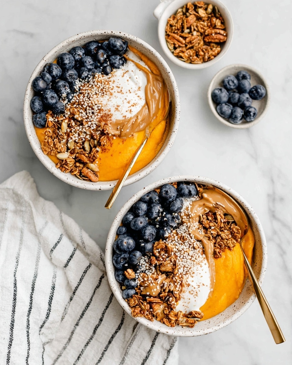 Two white speckled bowls filled with vibrant orange pumpkin puree at the base, topped with a neat row of deep blue blueberries on one side, a dollop of smooth white yogurt sprinkled with cinnamon on top, and a generous layer of crunchy brown granola with visible nuts and seeds on the other side. The bowls are artfully drizzled with light brown almond butter over all the toppings, with a sprinkle of white hemp seeds for added texture. Each bowl has a gold spoon placed inside, resting against the bowl's edge. The setup is on a white marbled surface with a white cloth with thin black stripes folded on the side. Nearby, small white bowls hold extra blueberries and granola, enhancing the fresh and wholesome look. photo taken with an iphone --ar 4:5 --v 7