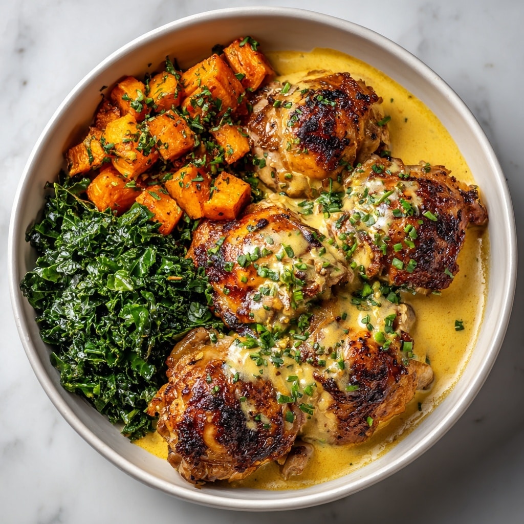 A white bowl holds two main layers: one side features pieces of grilled chicken coated with a creamy yellow sauce and sprinkled with fresh green herbs; the other side contains cubed roasted sweet potatoes with a slightly charred, dark orange texture, also topped with chopped green herbs. The chicken has a shiny, caramelized surface with a mix of brown and golden colors, while the sweet potatoes display a mix of bright orange and darker golden edges, all set on a white marbled background. photo taken with an iphone --ar 4:5 --v 7