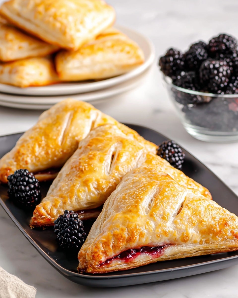 The image shows six golden brown triangular pastries arranged in two neat rows on a white rectangular plate. Each pastry has a flaky, shiny crust with a slightly cracked texture revealing a red fruit filling peeking through the edges. The pastries have crisp, layered surfaces with a glazed finish that catches the light. Around the plate are fresh blackberries, some grouped together and some placed individually, adding a dark purple and glossy contrast to the warm tones of the pastries. The scene is set on a white marbled surface with a black and white striped cloth partially visible at the bottom left corner. photo taken with an iphone --ar 4:5 --v 7