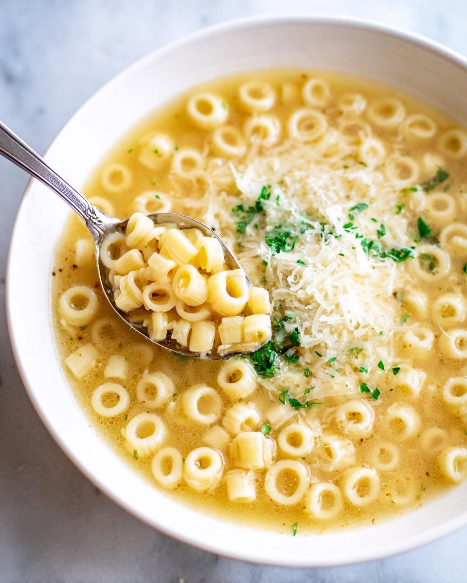 A white bowl filled with small round pasta rings in a light golden broth, topped with thin white cheese shreds and small green parsley pieces scattered evenly across the surface, with a sprinkle of black pepper adding tiny dark specks; a silver spoon lifts some pasta and cheese from the bowl, all set on a white marbled surface with a green and white checkered cloth beneath the bowl, photo taken with an iphone --ar 4:5 --v 7