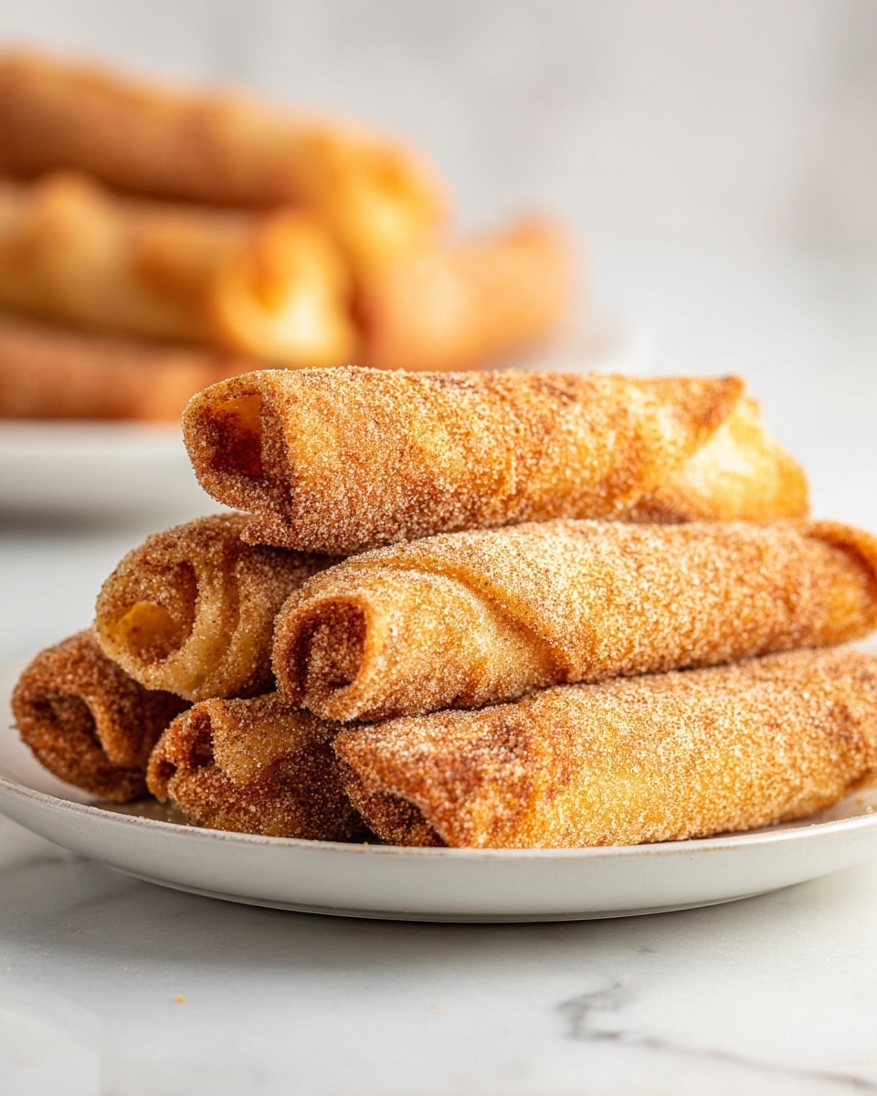 The image shows a close-up of several golden-brown rolled pastries coated in a rough layer of cinnamon sugar, giving them a textured, grainy surface. The pastries are cylindrical with slightly uneven edges and are neatly stacked in two layers on a simple white plate, which sits on a white marbled surface. The background is softly blurred, highlighting the crispy, crunchy texture of the pastries while a few more rest in the distance. photo taken with an iphone --ar 4:5 --v 7
