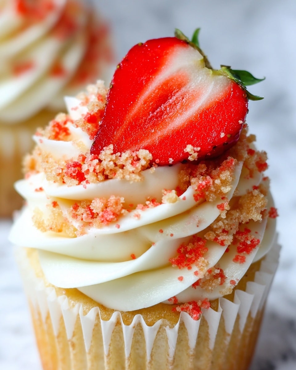 A close-up of a cupcake with one clear layer of white cake at the base, topped with thick swirls of smooth, creamy white frosting. The frosting is covered in small, crunchy crumbs in red and light brown colors. On top of the frosting, there is a half bright red strawberry slice with visible seeds and a juicy texture. The cupcake is wrapped in a white paper liner and is set against a white marbled texture background. photo taken with an iphone --ar 4:5 --v 7