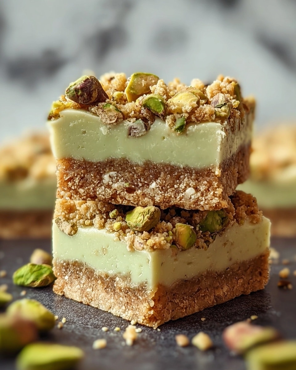 The image shows two square bars stacked on top of each other, each with three distinct layers. The bottom layer is a crumbly, light brown base with visible crushed pistachios embedded in it. The middle layer is a smooth pale green cream with a rich texture, also containing small pieces of pistachio. The top layer is a crumbly, golden streusel with larger whole pistachio nuts scattered throughout, adding a crunchy texture. The bars are placed on a dark surface with extra pistachio pieces and crumbs scattered around. The background is softly blurred with a white marbled texture. photo taken with an iphone --ar 4:5 --v 7