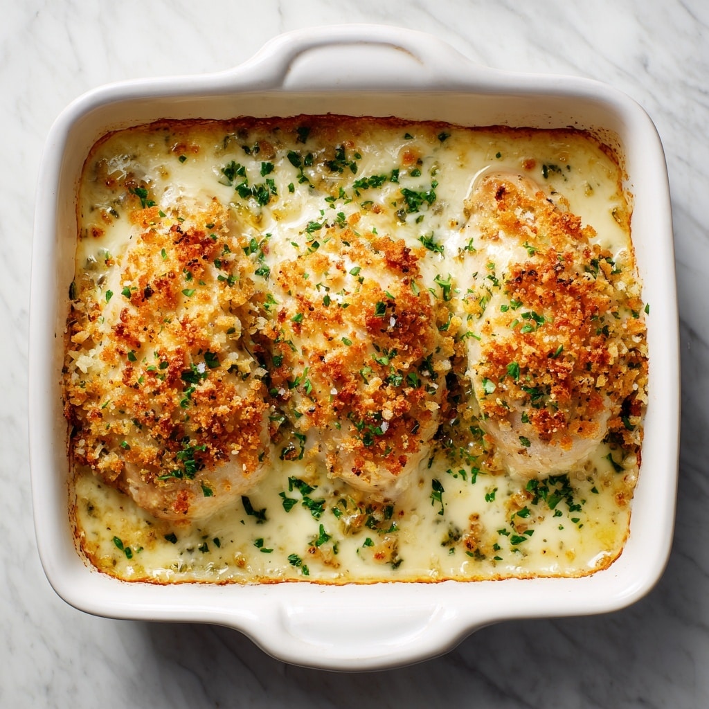 A white baking dish holds three pieces of creamy baked chicken layered with a white sauce base, topped with a golden brown crust made from melted cheese and bread crumbs, and scattered with bright green chopped herbs. The chicken pieces are plump and tender, covered in bubbly, creamy sauce pooling slightly around them. The golden crust adds a crunchy texture that contrasts with the smooth sauce, with flecks of herbs adding a fresh, colorful touch. The dish is set against a white marbled surface, highlighting the rich colors and textures of the chicken and topping. photo taken with an iphone --ar 4:5 --v 7