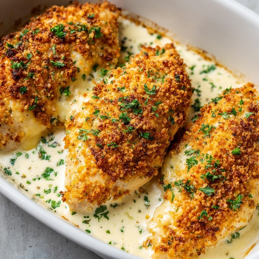Three pieces of cooked chicken breast sit in a white baking dish, each covered with a golden brown layer of melted cheese and crispy breadcrumbs. The chicken is surrounded by a creamy white sauce that pools around the edges. Fresh green parsley is sprinkled on top, adding a bright contrast to the golden and creamy colors. The close-up view shows the texture of the crunchy cheese crust and the smooth, creamy sauce below. Photo taken with an iphone --ar 4:5 --v 7