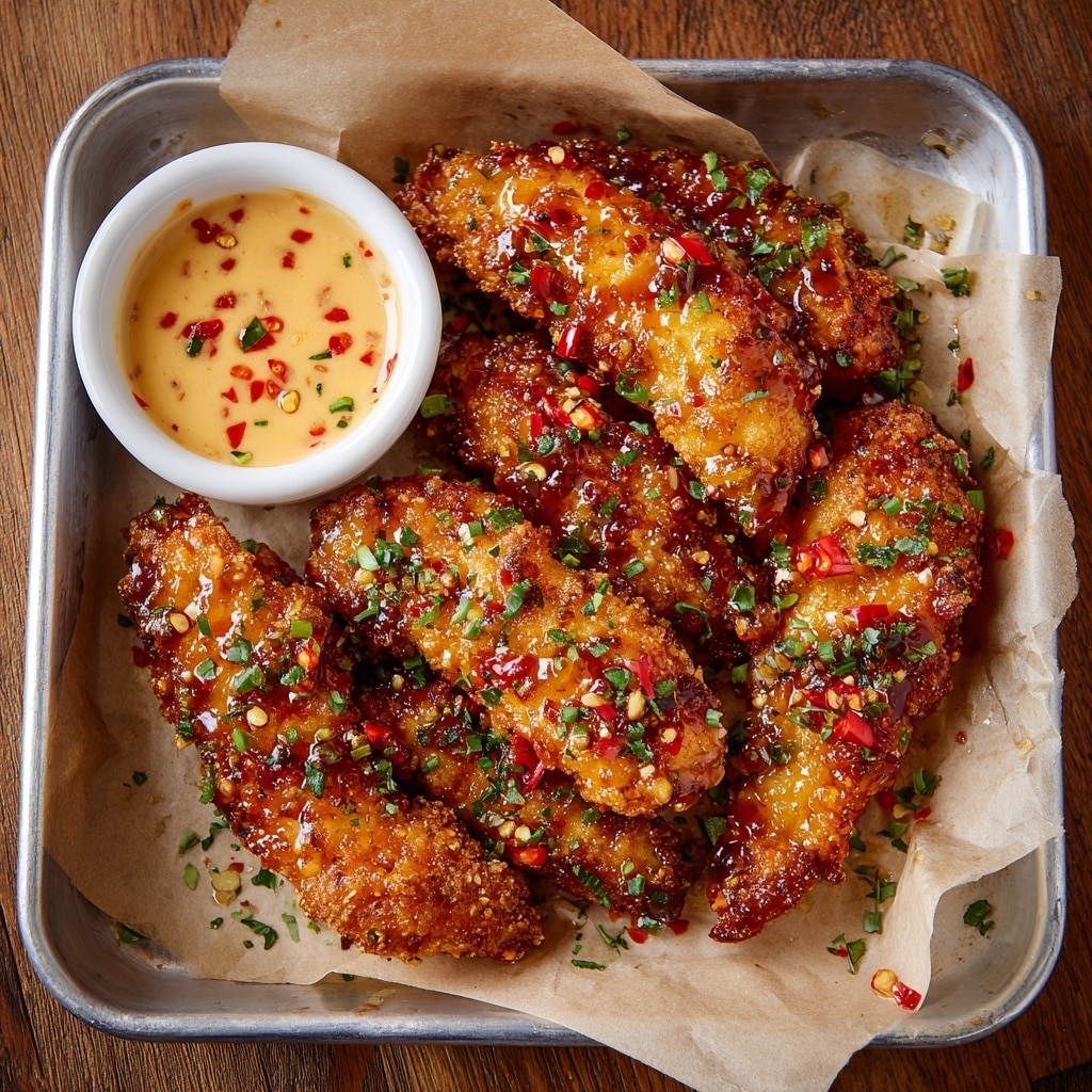 A close-up of a crispy golden-brown chicken wing being held by a woman's hand with white nail polish, dipped halfway into a small round silver cup filled with creamy orange dipping sauce, with visible green herb flakes on the wing. The chicken wing shows a crunchy textured surface with a shiny glaze, sitting in a silver tray with several other chicken wings in the background. The scene is set on a white marbled texture surface. photo taken with an iphone --ar 4:5 --v 7