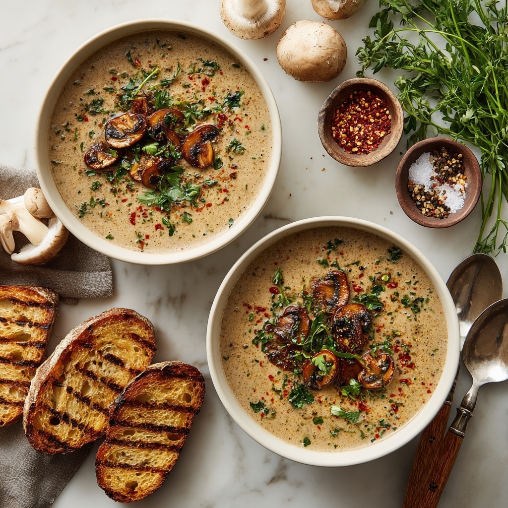 Two white bowls filled with creamy mushroom soup sit side by side on a white marbled surface. Each bowl shows a thick, light brown soup base speckled with green herbs and red seasoning powder. In the center of the top layer, sautéed mushroom slices and fresh green herbs are carefully arranged. Next to the bowls, there are several slices of toasted bread with grill marks placed neatly. Around the setting, fresh whole mushrooms, bunches of green herbs, and small brown bowls of coarse salt, black pepper, and red chili flakes create a rustic and fresh look. Two silver spoons with wooden handles rest near the bottom right corner. Photo taken with an iphone --ar 4:5 --v 7