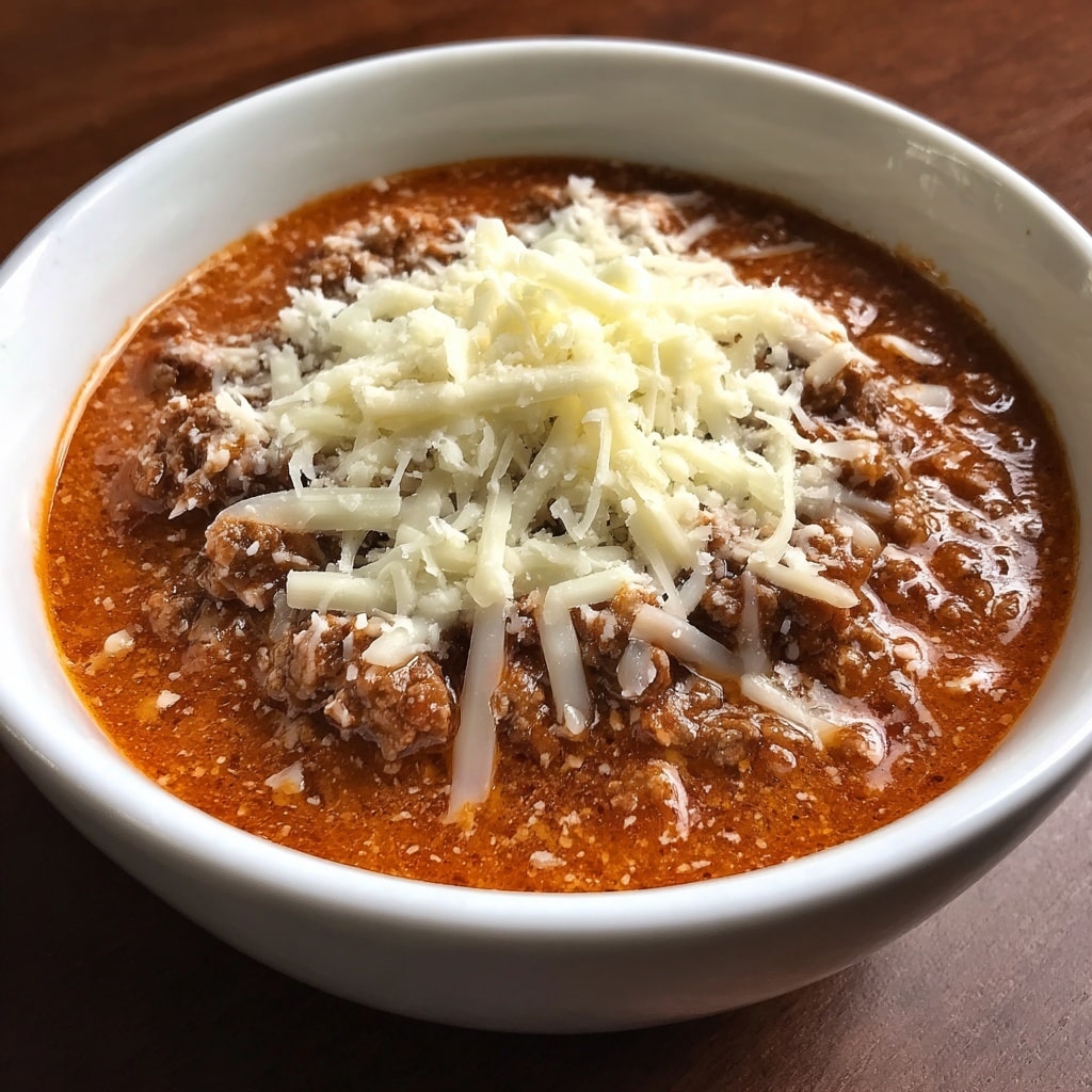 A white bowl filled with rich, orange-red sauce forming the base layer, topped with a thick layer of browned ground meat that is slightly chunky and textured, and finished with melting white shredded cheese scattered unevenly over the meat, some parts more melted and creamy while others retain their shredded form. photo taken with an iphone --ar 4:5 --v 7