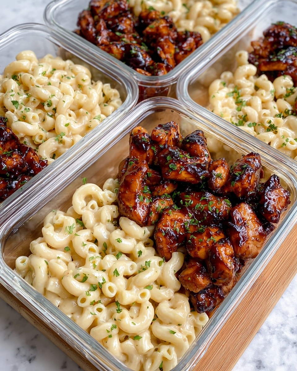 The image shows four clear plastic meal prep containers filled with two main layers. On one side of each container, there is mac and cheese with creamy, pale yellow elbow pasta mixed in a smooth cheese sauce, sprinkled with small green herb pieces. The other side contains glossy, sticky, dark brown glazed chicken chunks, slightly caramelized with charred edges and also sprinkled with green herbs. All containers sit on a white marbled textured surface. photo taken with an iphone --ar 4:5 --v 7