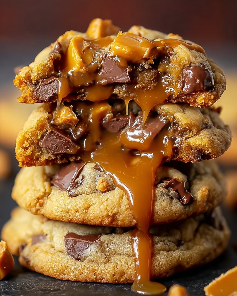 A tall stack of three thick, golden-brown cookies sits on a white marbled texture, each cookie studded with large chunks of dark chocolate and small pieces of caramel candy. The top cookie is broken in half, revealing a gooey caramel center oozing out, with caramel sauce drizzled over the top and sides, adding a glossy and sticky texture. The cookies have a slightly cracked surface, showing a soft and chewy texture inside. photo taken with an iphone --ar 4:5 --v 7
