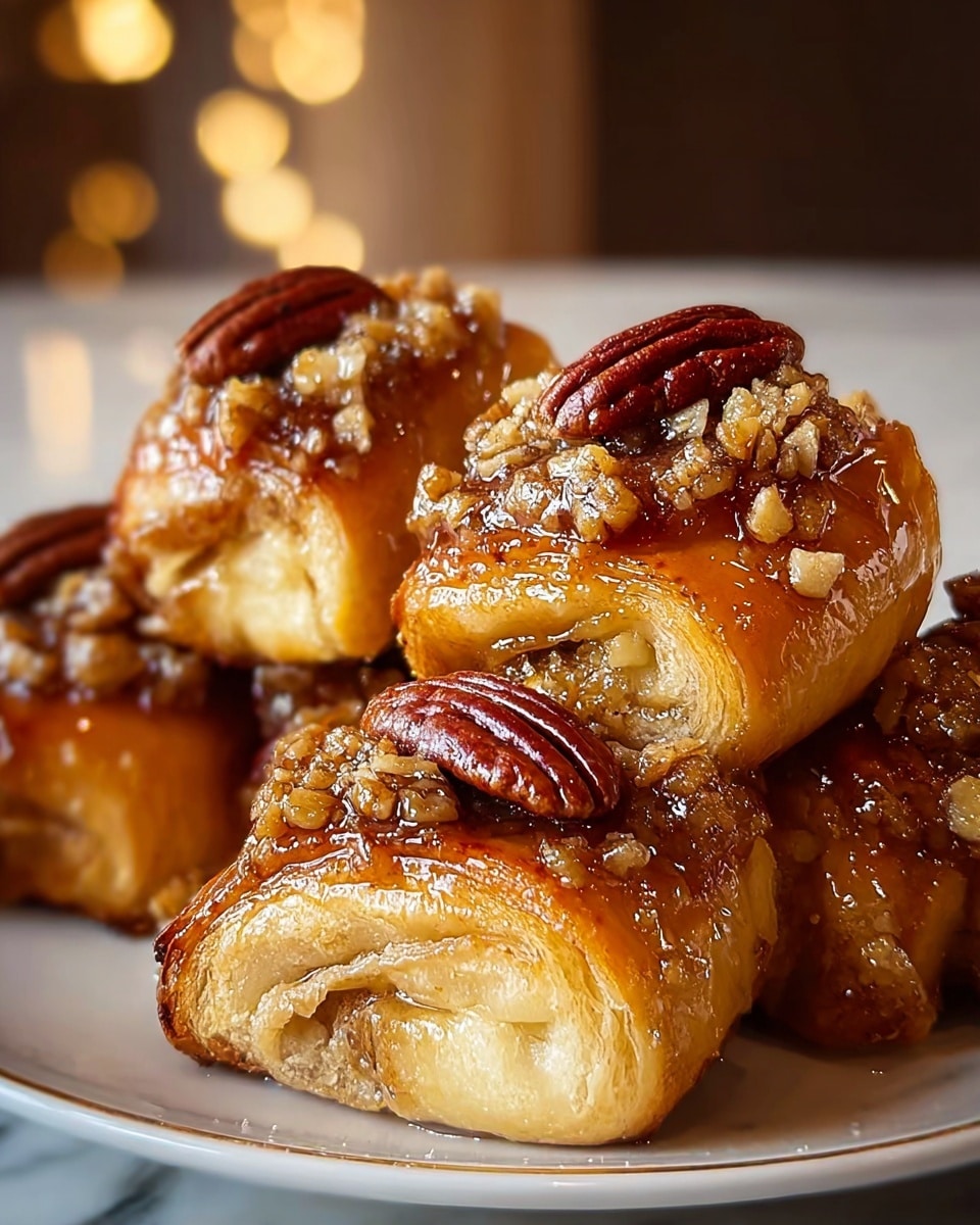 A close-up view of small croissant rolls placed on a wooden board over a white marbled texture. Each croissant shows a golden-brown flaky outer layer with a glossy finish and coarse sugar crystals sprinkled on top. The middle of each roll is open, revealing a filling of chopped nuts with a rich brown caramelized texture and whole pecan halves on top, adding a deep reddish-brown color. The layers of flaky pastry are clearly visible around the nut filling. Photo taken with an iphone --ar 4:5 --v 7