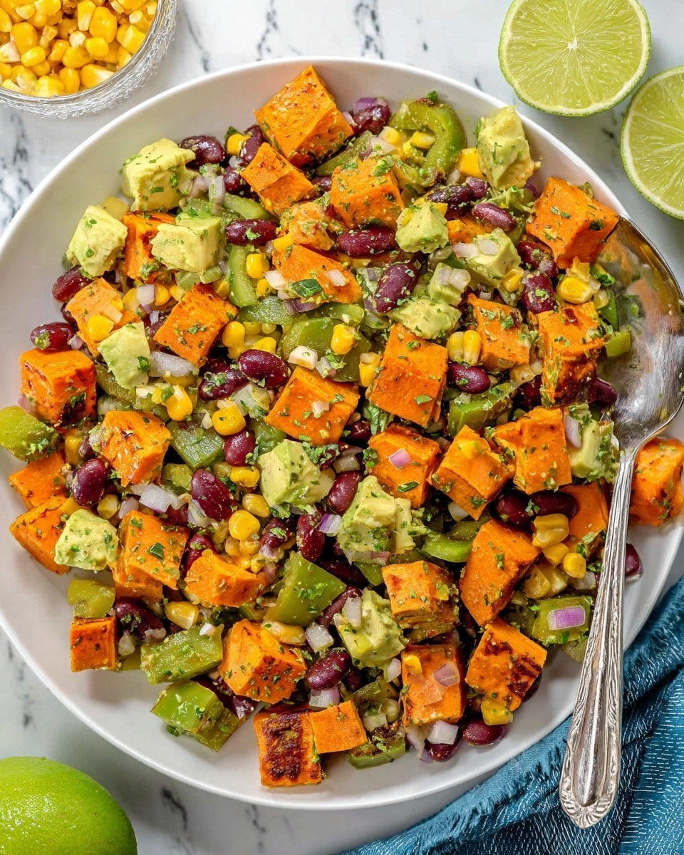 A white plate filled with a colorful mixed salad of four main layers: large cubes of soft orange sweet potatoes, chunky pale green avocado pieces, small dark red kidney beans, and bright yellow corn kernels, all tossed with chopped green bell peppers and flecks of fresh green herbs and white onion bits. The textures range from soft and creamy avocado to firm sweet potatoes and beans, making a fresh and vibrant mix. A silver spoon rests inside the plate on the right side. The plate sits on a white marbled surface with a halved lime and a blue cloth partially visible in the lower left corner, and a small glass bowl of corn kernels near the top left edge. Photo taken with an iphone --ar 4:5 --v 7
