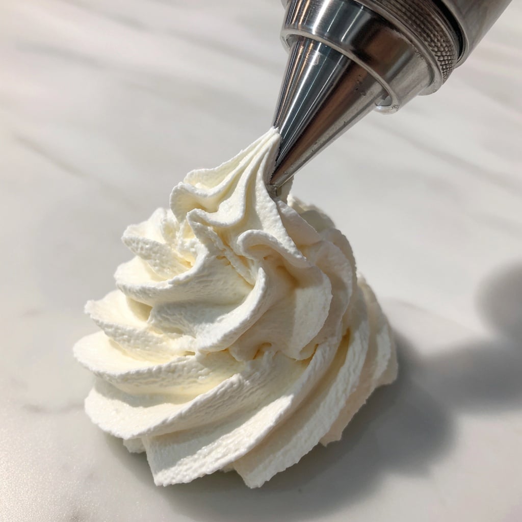A close-up of thick, creamy white whipped cream being smoothly piped out in soft wave-like layers from a metal piping nozzle onto a flat white marbled surface. The whipped cream looks fluffy and dense with a smooth texture, and the piping forms a neat, snake-like pattern widening slightly as it moves down. Photo taken with an iphone --ar 4:5 --v 7