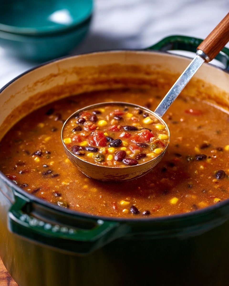 A large white bowl filled with thick, brown bean chili, showing visible whole beans in red, black, and light brown colors scattered throughout. Bright yellow corn kernels and small red tomato pieces are evenly spread on the surface, adding texture and contrast. The chili looks hearty with a slight shine from the liquid, and there is a silver spoon partially submerged on the right side of the bowl, resting inside. The bowl sits on a white marbled texture surface. photo taken with an iphone --ar 4:5 --v 7