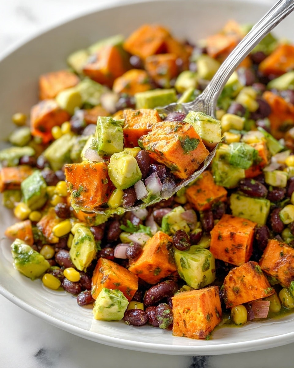 A close-up of a white plate filled with a colorful salad showing four main layers: large chunks of bright orange sweet potatoes with a slightly roasted texture, dark black beans scattered throughout as small oval shapes, yellow corn kernels adding pops of color, and diced green avocado pieces with a smooth texture. Small bits of red onion and green bell pepper are mixed in, all coated with a green herb dressing that adds speckles of green, giving the salad a fresh and mixed look. A silver spoon holds a portion of the salad, lifting some beans, avocado, and sweet potatoes. The plate is set on a white marbled surface. photo taken with an iphone --ar 4:5 --v 7
