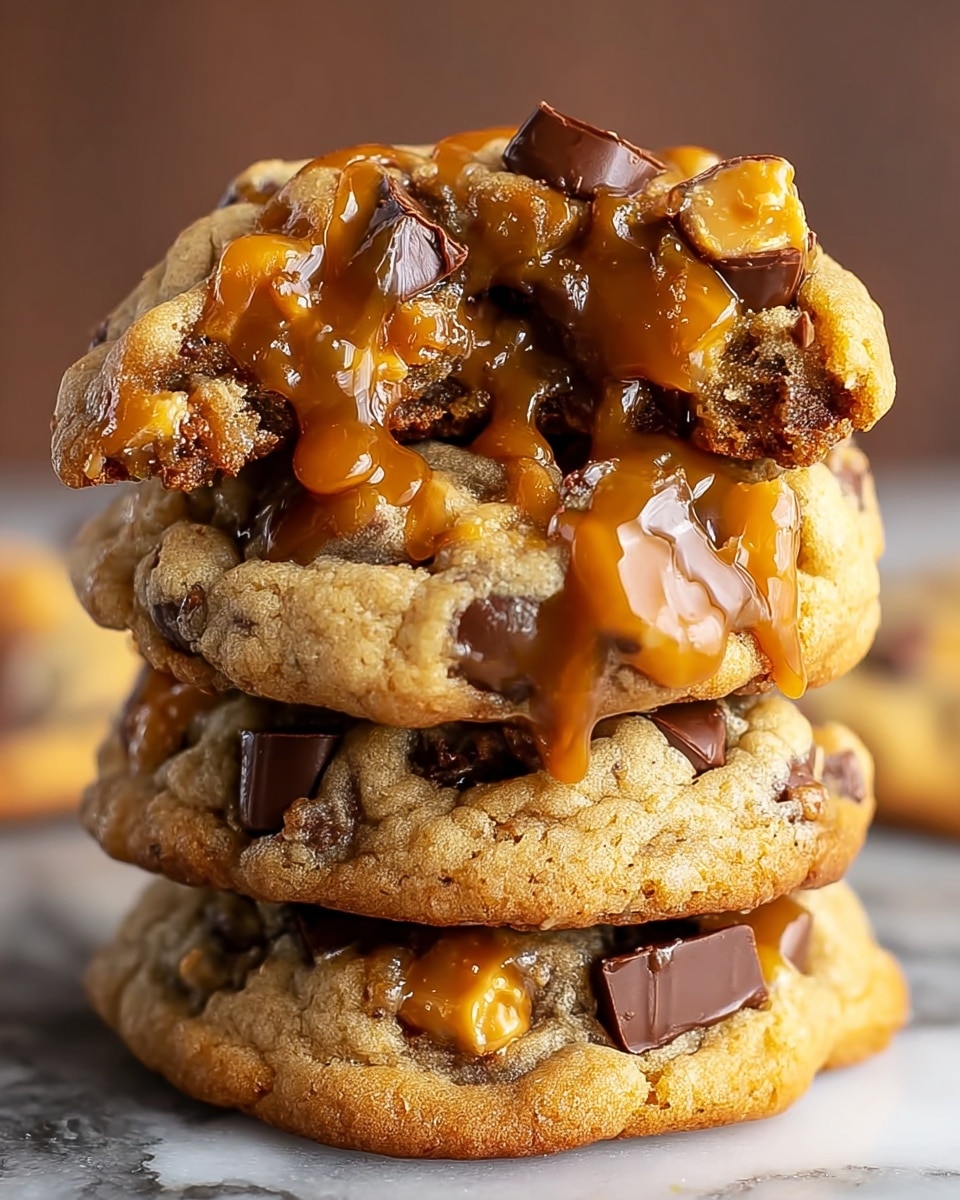 A close-up view of a stack of three thick cookies on a dark surface, each cookie golden brown with large chunks of dark chocolate and caramel bits embedded throughout. The top cookie is broken in half, revealing a gooey, melted caramel layer inside that drips down the sides, with extra caramel sauce drizzled on top. The cookies have a soft, chewy texture with visible cracks. photo taken with an iphone --ar 4:5 --v 7