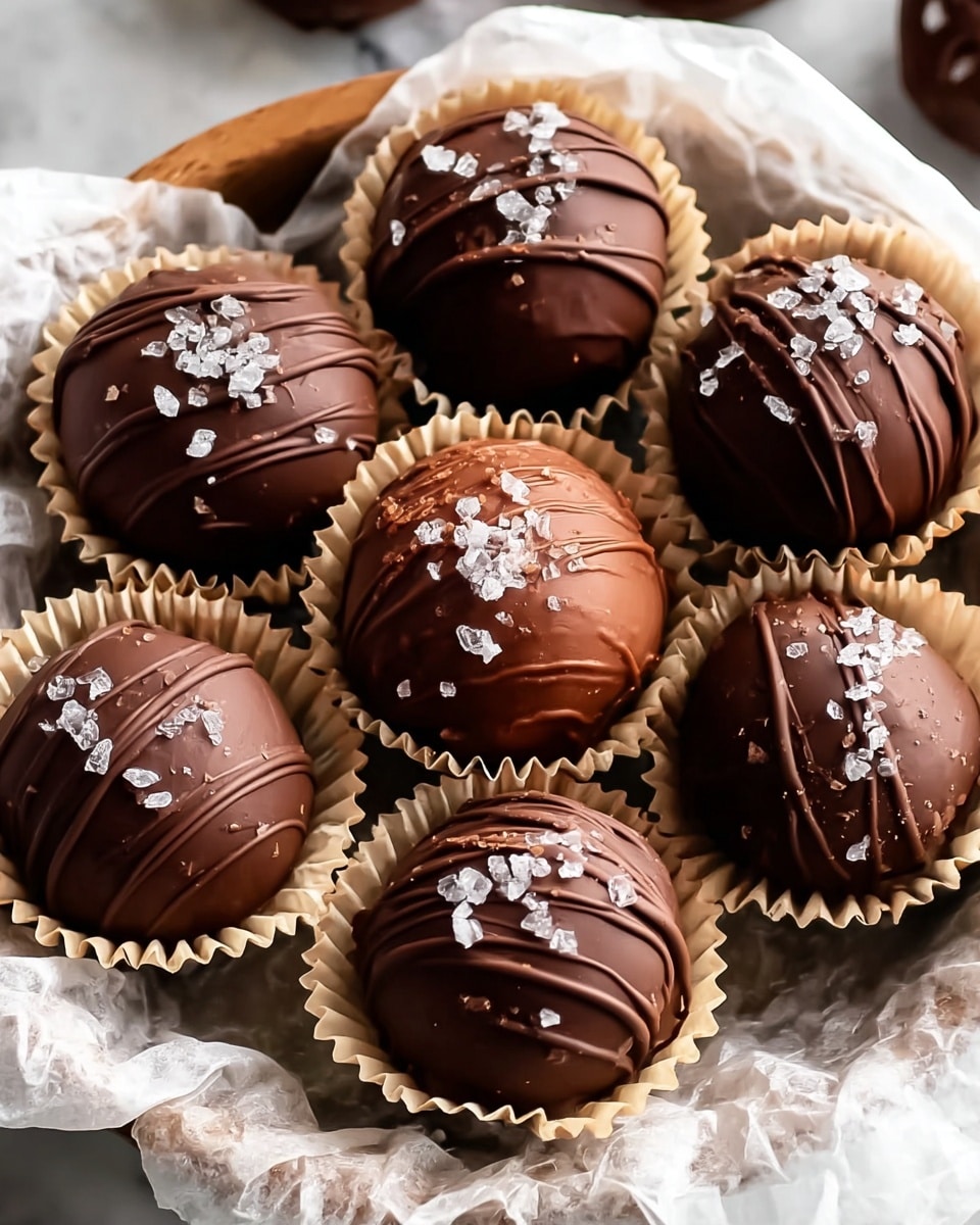 The image shows several round chocolate truffles arranged closely together on a white marbled surface, each sitting in a brown paper cup. Each truffle is dark brown with a shiny chocolate coating, and they are decorated with thin chocolate drizzle lines and sprinkled with coarse white salt flakes on top. The texture of the truffles looks smooth and glossy, with some showing slight cracks revealing a dense inner filling. The overall look is rich and indulgent with a mix of smooth and rough textures, neatly placed in a clustered layout. photo taken with an iphone --ar 4:5 --v 7