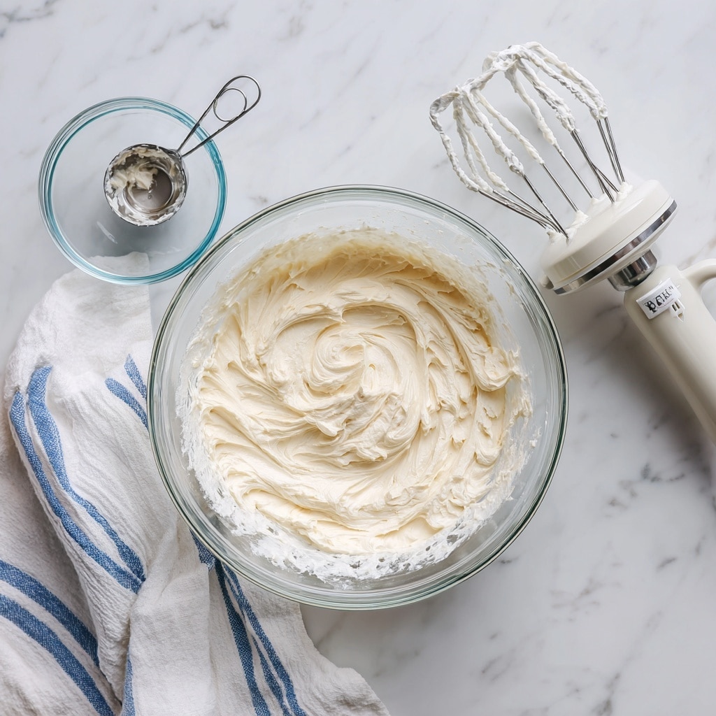 A clear glass bowl sits on a white marbled surface, filled with a thick, creamy white mixture swirled smoothly with visible ridges and folds. Above this, a smaller clear glass bowl holds a metal measuring cup with a handle, placed upside down inside it. To the right, a white electric mixer with two beaters coated in the same creamy mixture rests on the surface, with some splatters of the mixture nearby. A white cloth with blue stripes peeks out slightly from under the large bowl. photo taken with an iphone --ar 4:5 --v 7