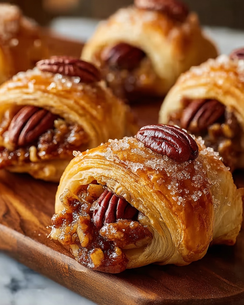 The image shows a close-up of several golden brown pastry rolls with a shiny, sticky glaze on top, each adorned with two whole glossy pecans and sprinkled crushed nuts. The flaky layers of the pastries are visible, with a slightly crisp and soft texture on the inside, all sitting on a white plate. The background features a softly blurred warm light effect with a white marbled texture below the plate, giving a cozy and inviting feel. photo taken with an iphone --ar 4:5 --v 7
