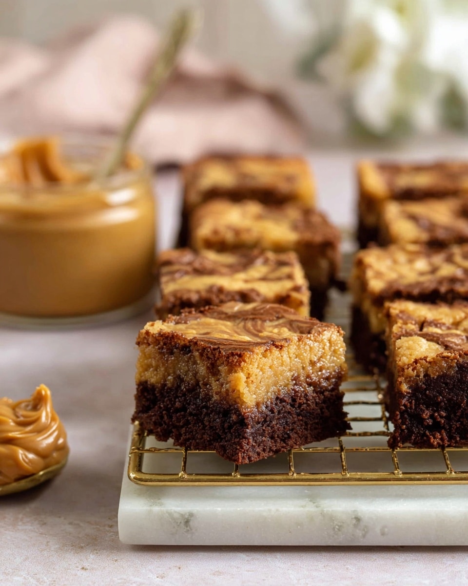 Three square brownies are placed on white parchment paper over a white marbled texture surface. Each brownie shows a thick bottom layer of dark brown chocolate with a lighter brown swirled top layer that has a marbled, slightly cracked texture. The swirls create a mix of light brown and dark brown patterns that appear creamy and rich. The edges of the brownies look firm but soft inside. photo taken with an iphone --ar 4:5 --v 7