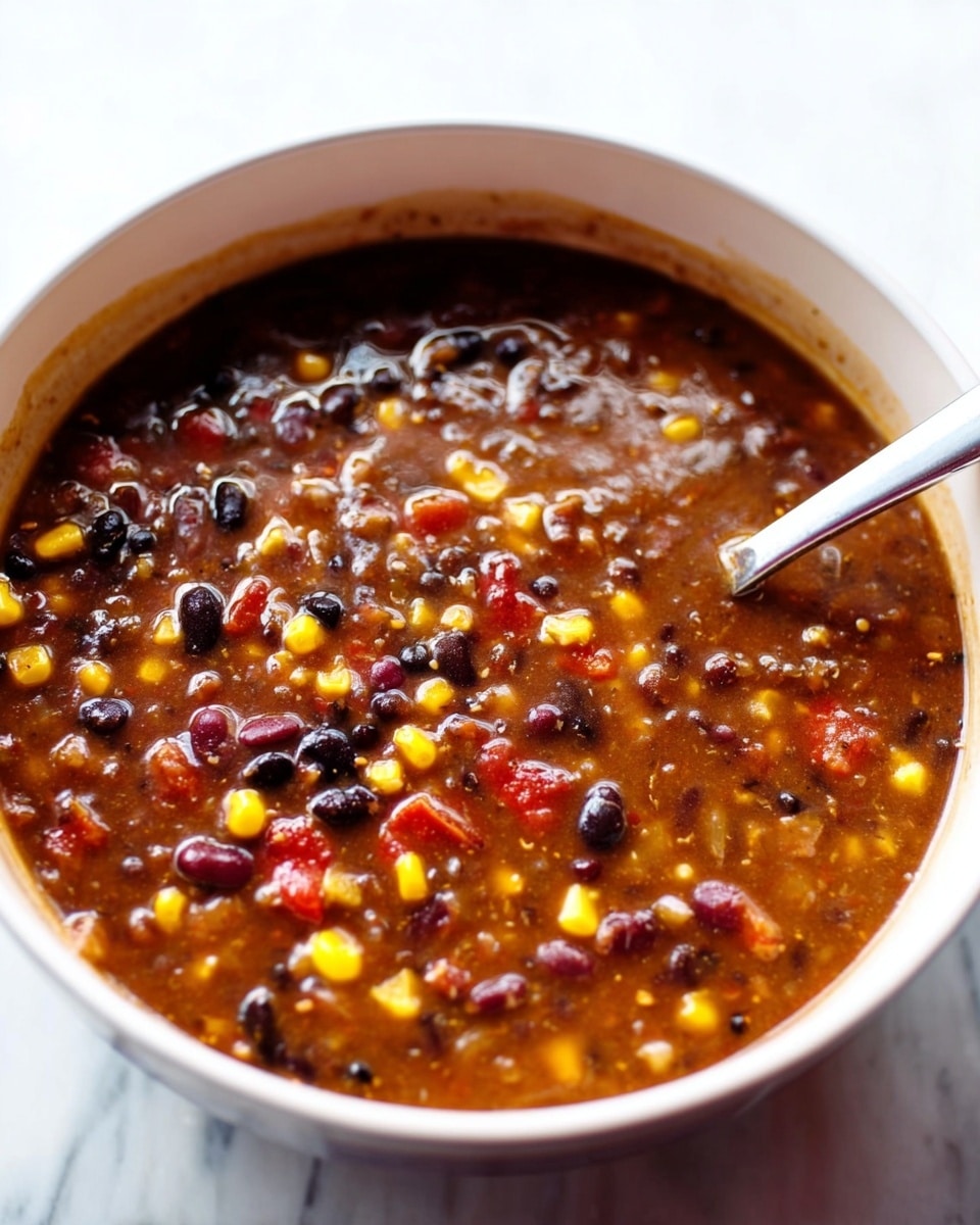 The image shows a close-up of a large dark green pot filled with a thick, creamy soup that has a reddish-brown base with visible yellow corn, black beans, and small pieces of red tomato spread evenly throughout. A shiny silver ladle with a wooden handle is lifting some of the soup, showing the same mix of ingredients clearly. The pot is placed on a white marbled surface with parts of a dark turquoise bowl visible in the background. The soup looks hearty and textured, with a smooth but chunky consistency. photo taken with an iphone --ar 4:5 --v 7